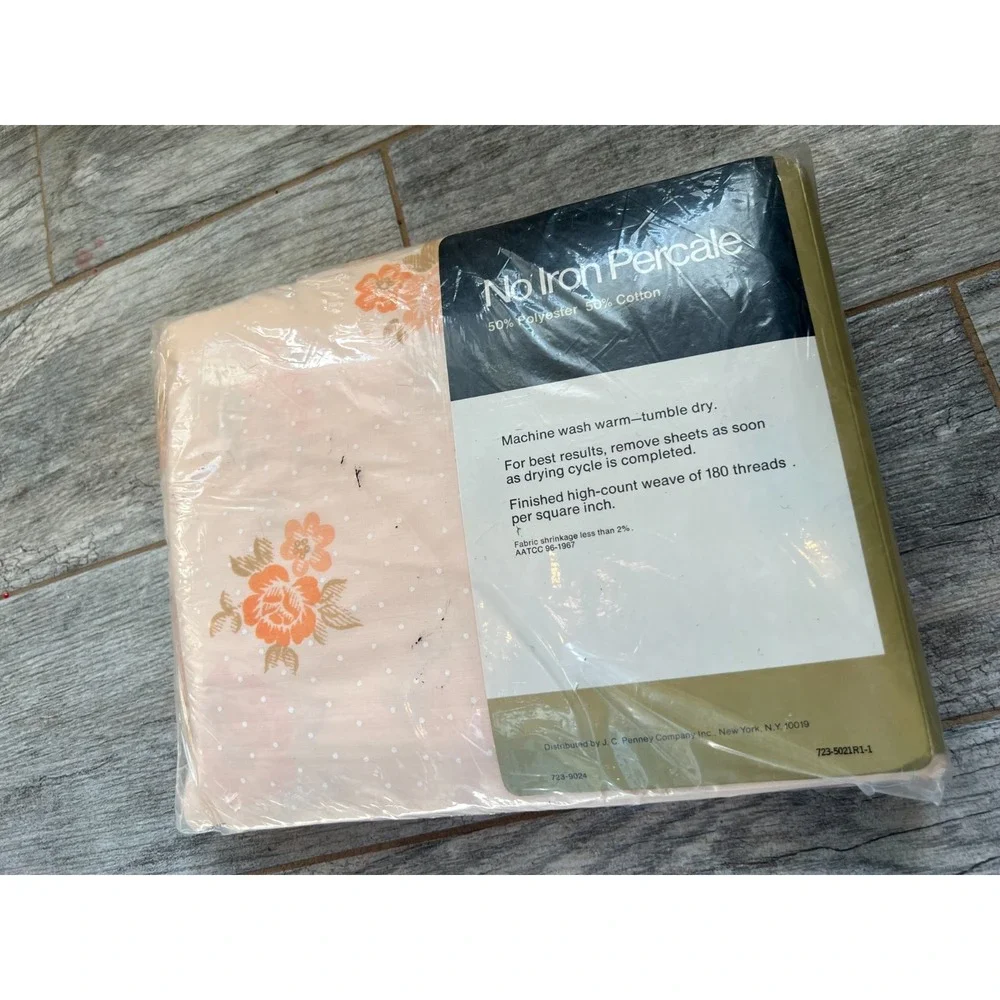 JCPenney‎ Full Size Fitted Sheet Floral Pale Orange No Iron Percale New Vintage